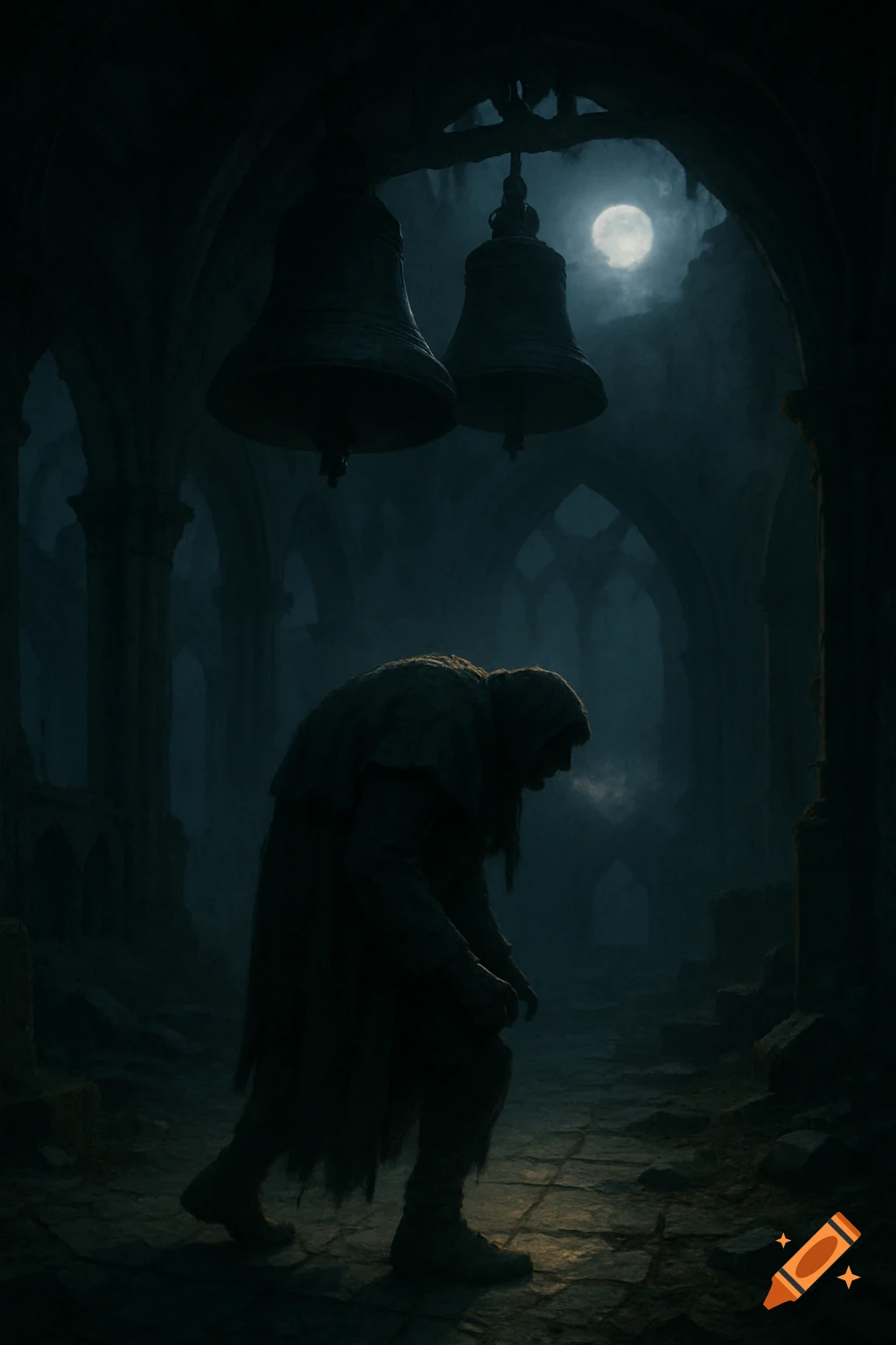 A hunched, hooded figure walks through dark cathedral ruins under two large bells, illuminated by moonlight.