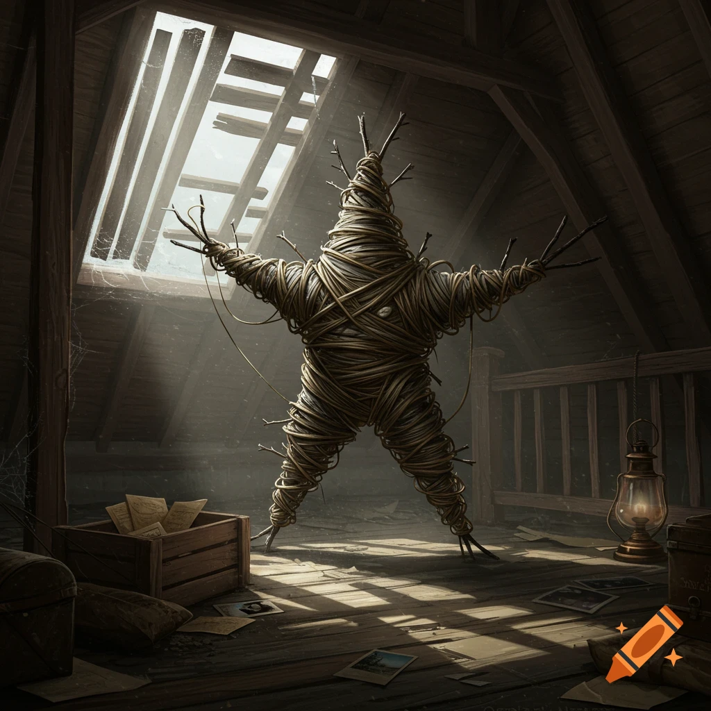 A creepy, star-shaped figure made of tangled ropes and sticks stands in a dusty, dimly lit attic, light streaming from a skylight.