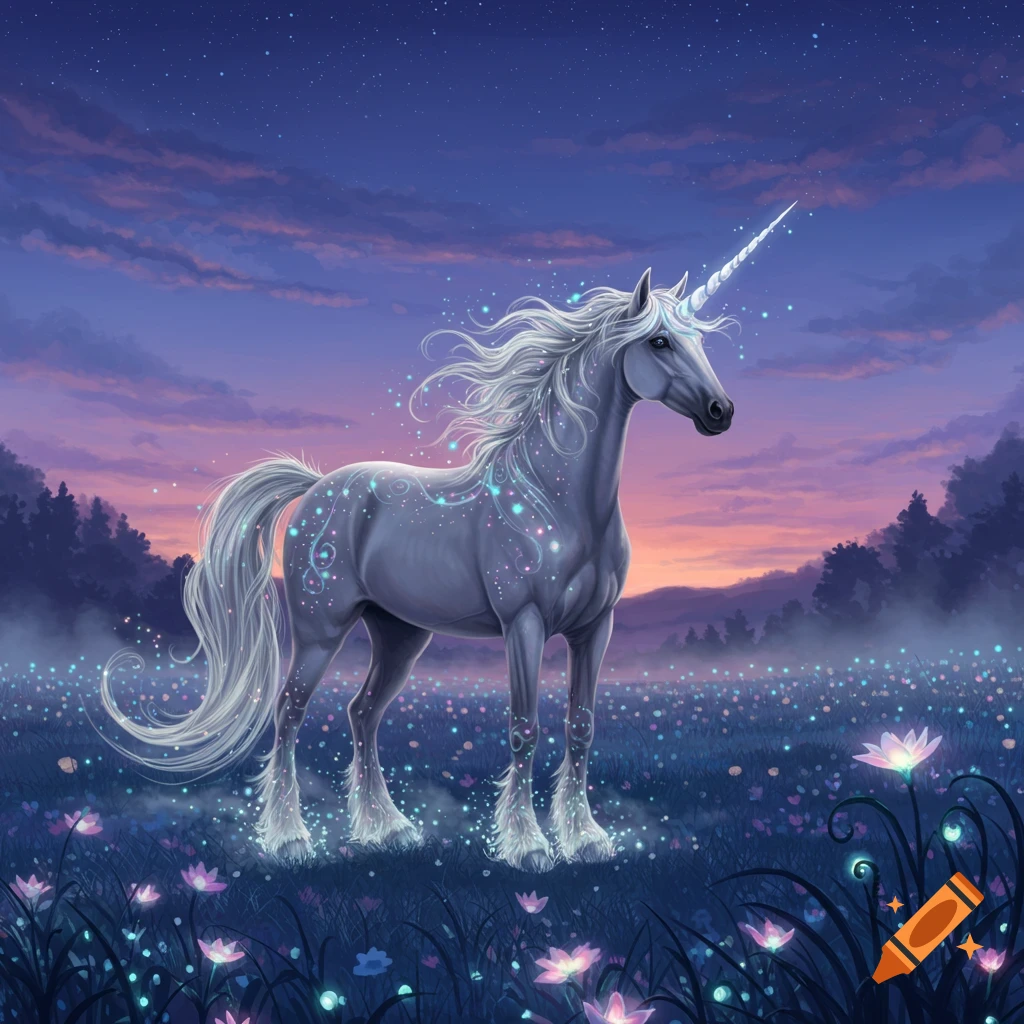 A majestic white unicorn with a sparkling mane stands in a magical field with glowing flowers under a twilight sky, digital fantasy art.