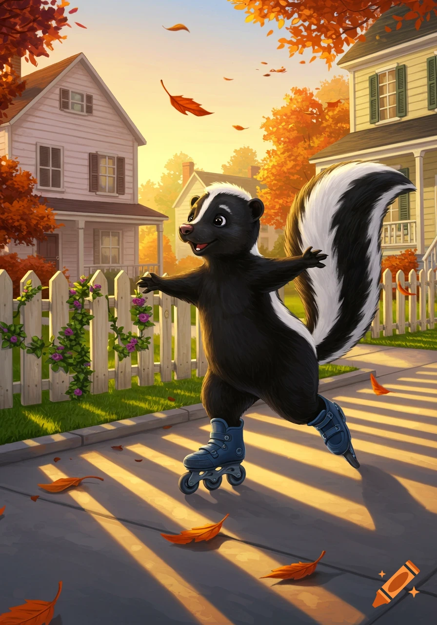 A happy cartoon skunk roller skating down a sunny autumn neighborhood street, with houses and colorful fall foliage.