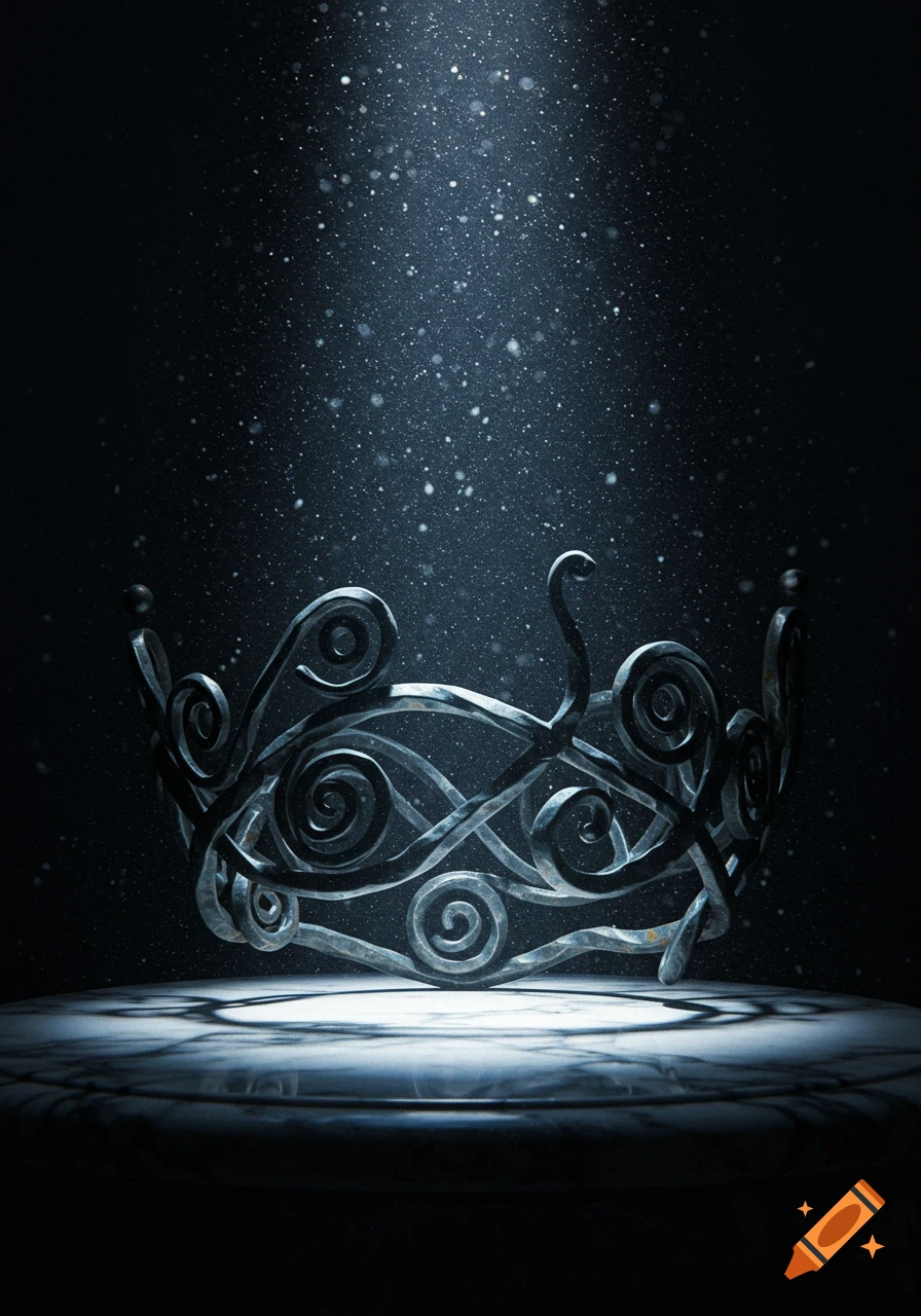 A twisted wrought iron crown rests on a marble pedestal, dramatically lit by a spotlight with dust motes falling through the beam.