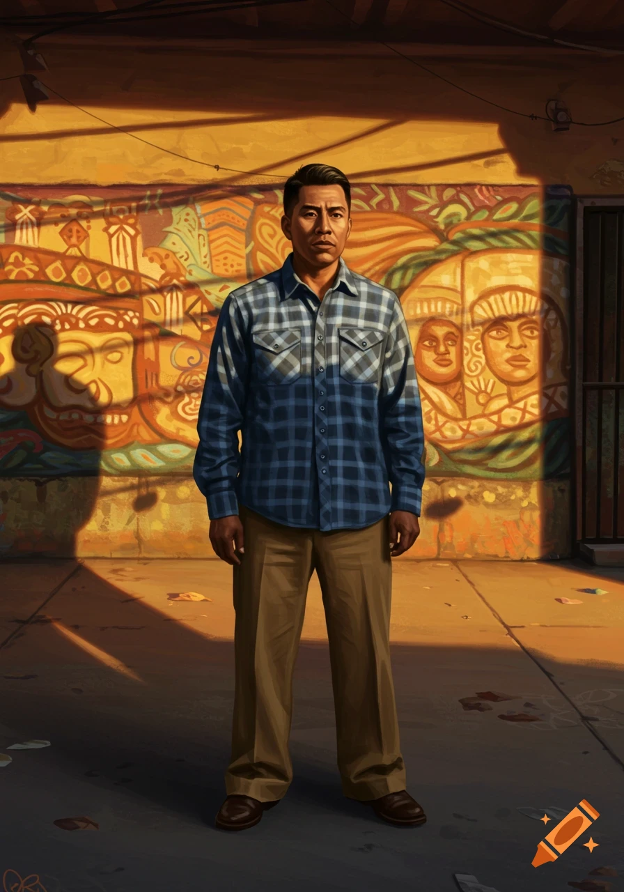 A man in a blue plaid shirt stands in front of a colorful mural with ancient art designs, lit by dramatic sunlight in an alley.