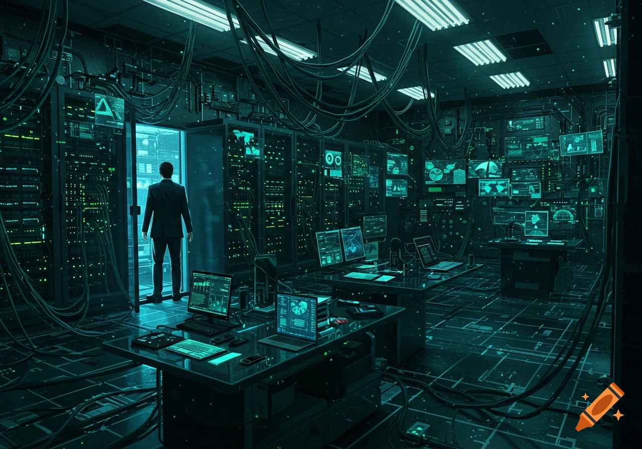 A man in a suit opens a door to a dark, teal-lit server room filled with glowing computer screens, servers, and cables.
