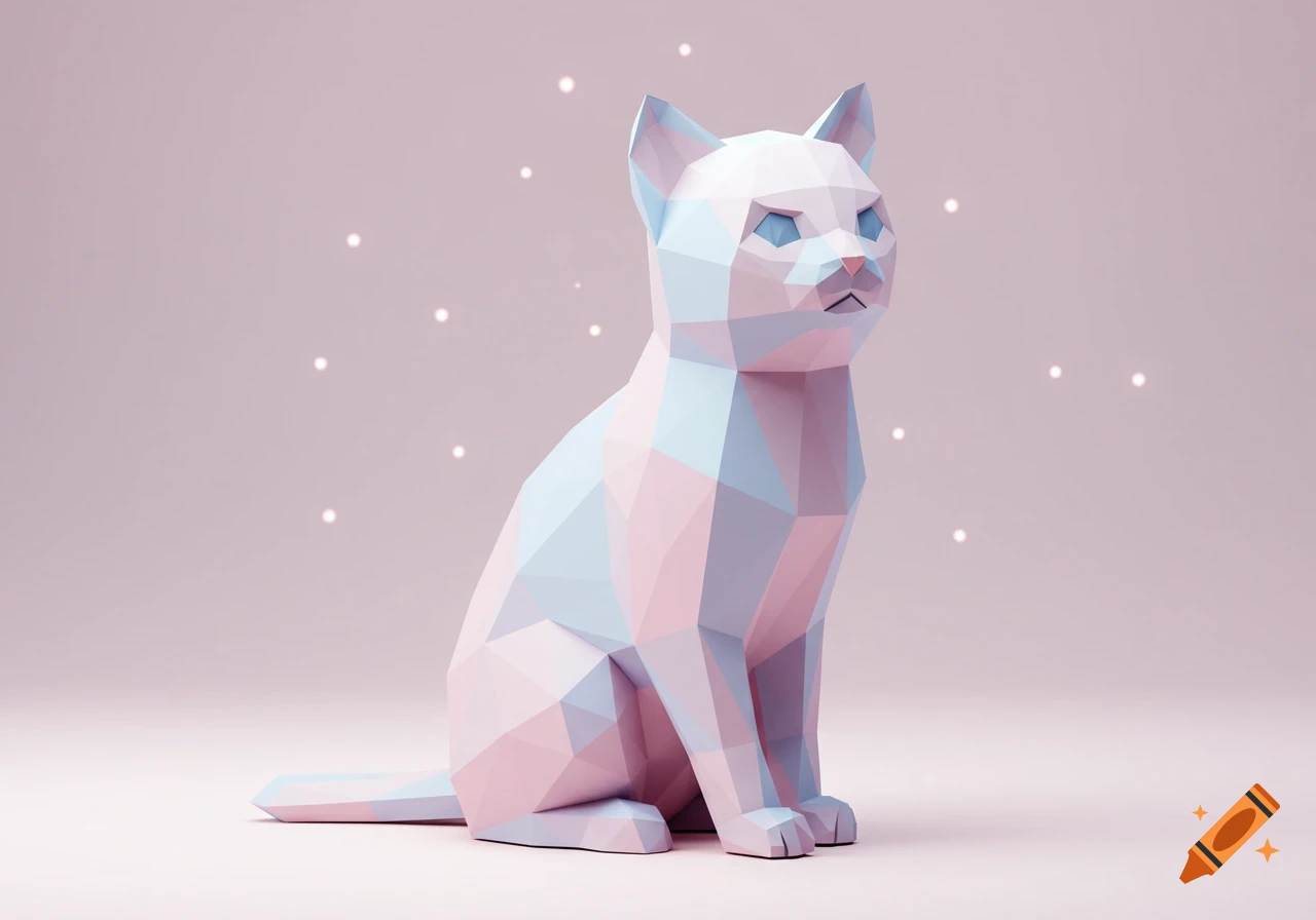 A low-poly geometric cat in pastel pink and blue, sitting on a pale pink background with soft glowing dots.