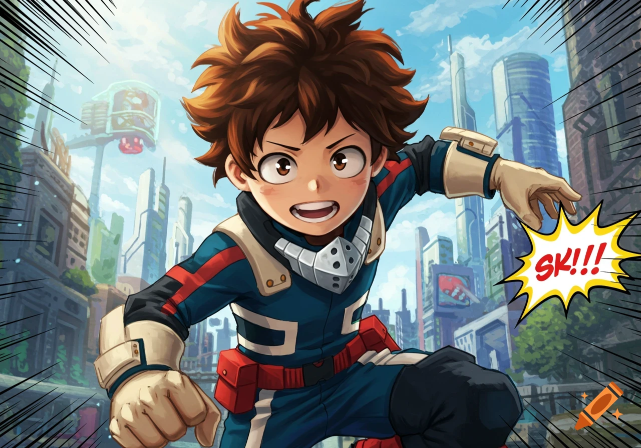 Anime boy, similar to Izuku Midoriya, in a blue hero suit striking a dynamic pose in a futuristic city with a 'SK!!!' speech bubble.