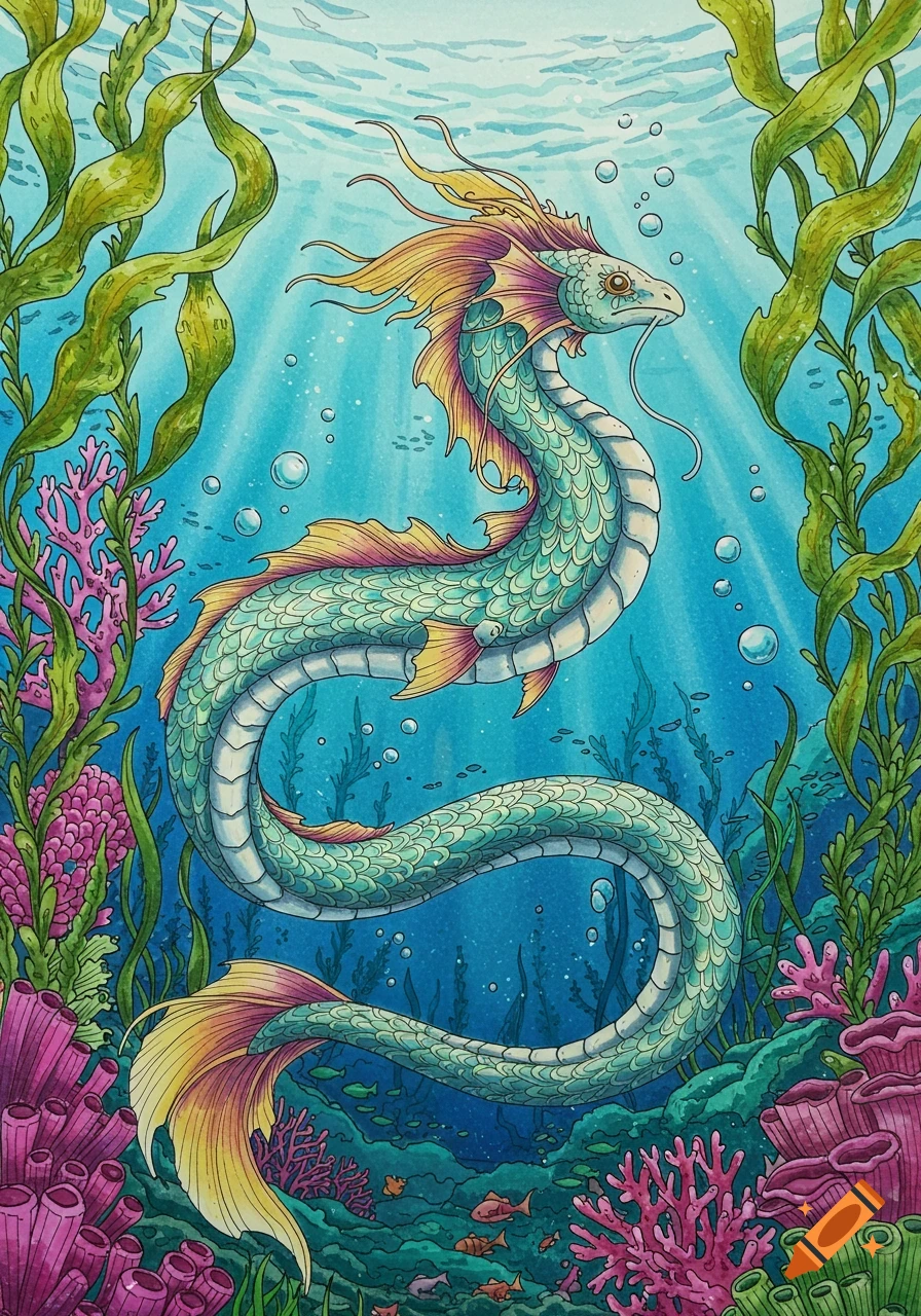 A green and gold sea serpent with fins swims in a vibrant underwater scene with colorful coral and seaweed, in a coloring book style.