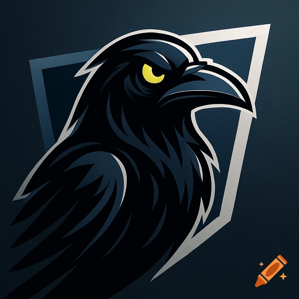 A stylized black raven head with a yellow eye, outlined in white, set against a dark blue background with a shield shape.
