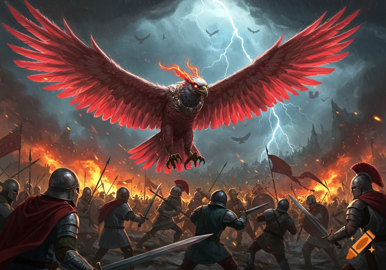 A giant red-winged bird with a fiery crest attacks an army of soldiers amidst a fiery battle and lightning storm.