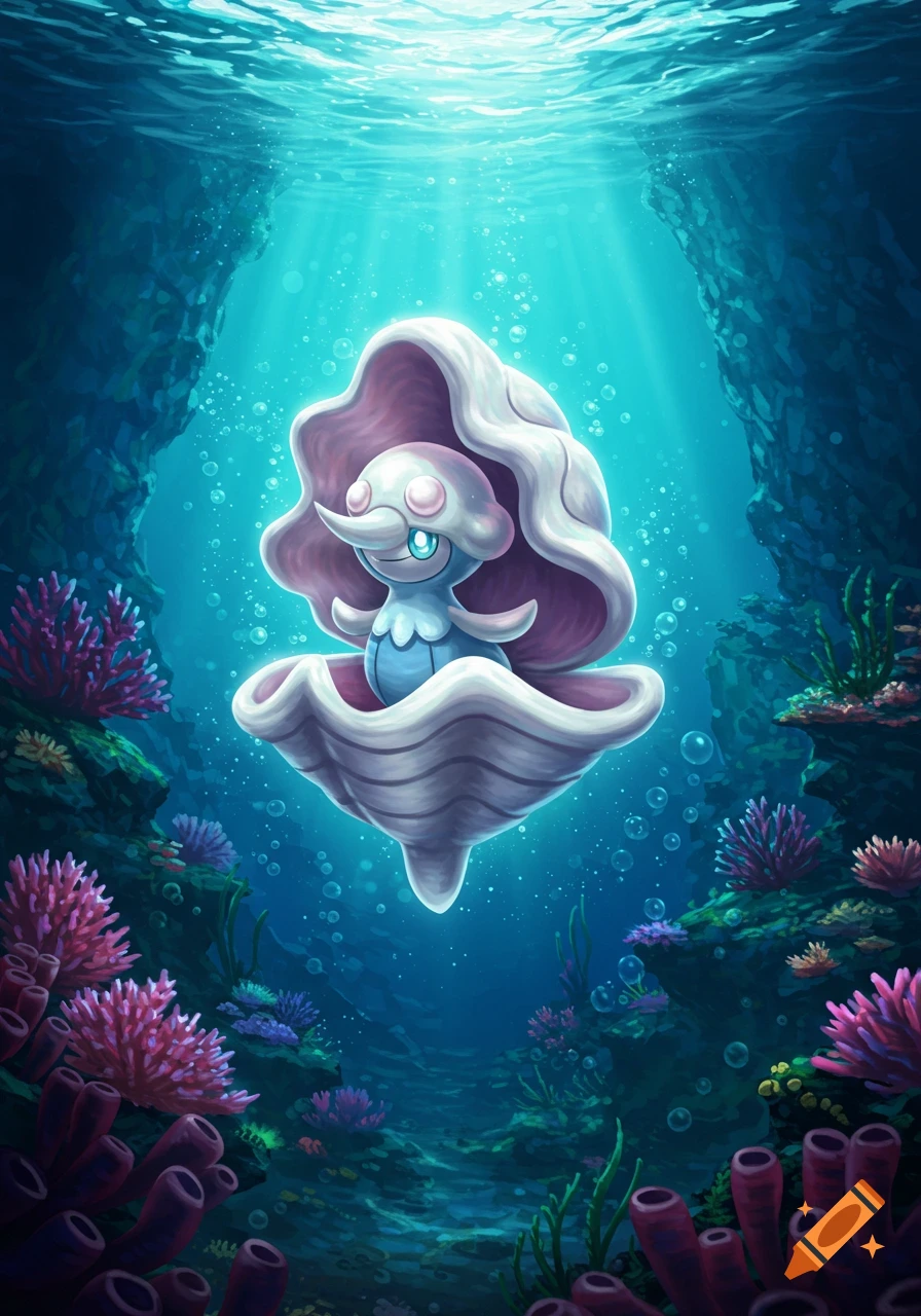 A cute, clam-like creature with a pearl head floats in a vibrant underwater scene with pink corals and light rays.
