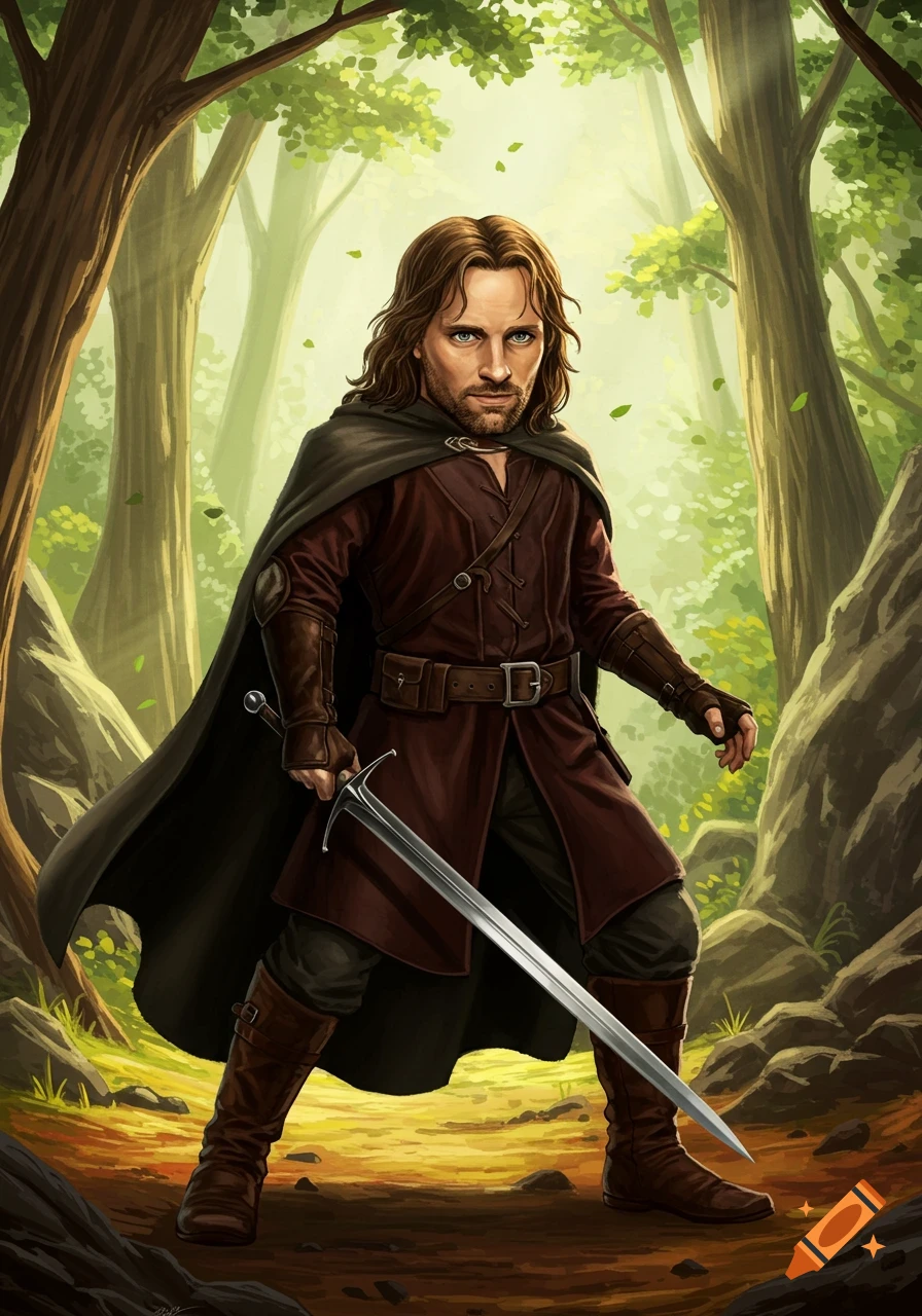 Digital painting of Aragorn in a forest, a man with long hair, beard, dark tunic, cloak, and boots, holding a sword.