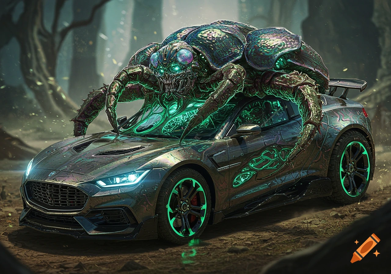 A sleek biopunk car with an iridescent green, glowing insectoid creature on top, set in a shadowy forest.