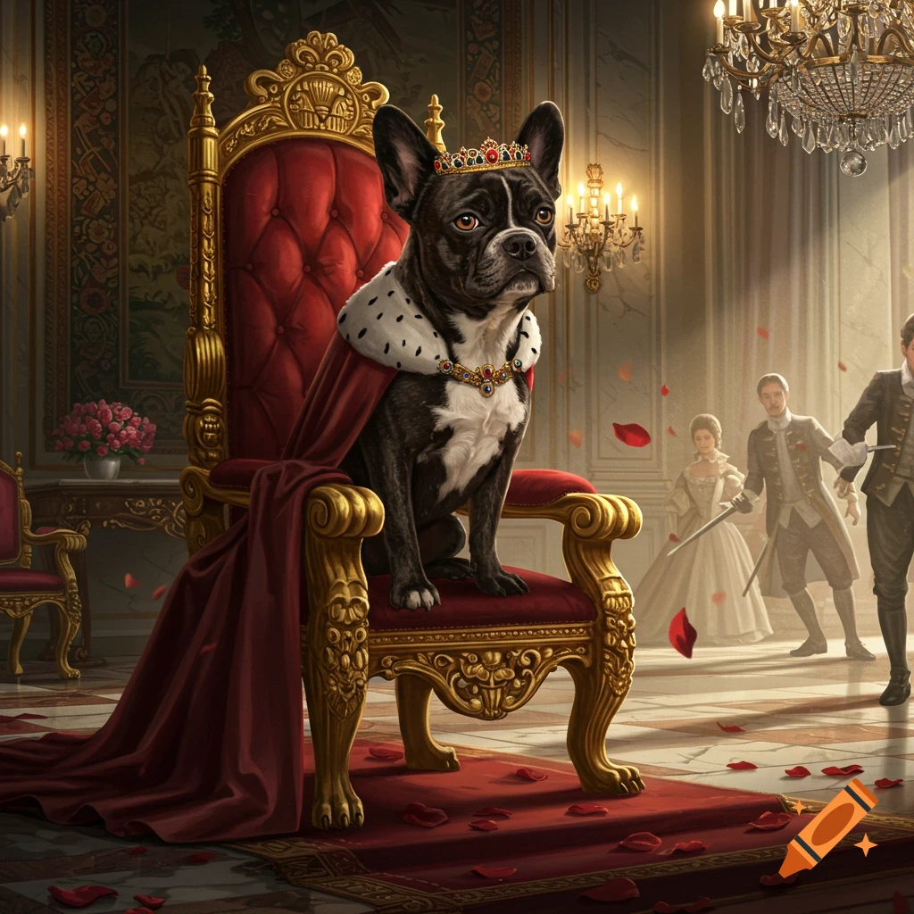A regal French bulldog queen sits on a golden throne in a lavish room, adorned with a crown and royal robe, with rose petals on the floor.