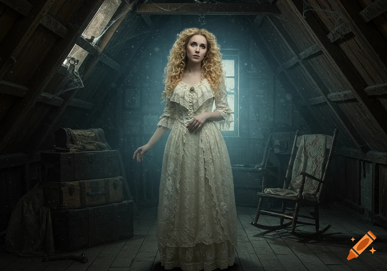 A photorealistic image of a woman with long curly blonde hair in an ornate Victorian gown, standing in a dusty, dimly lit attic.