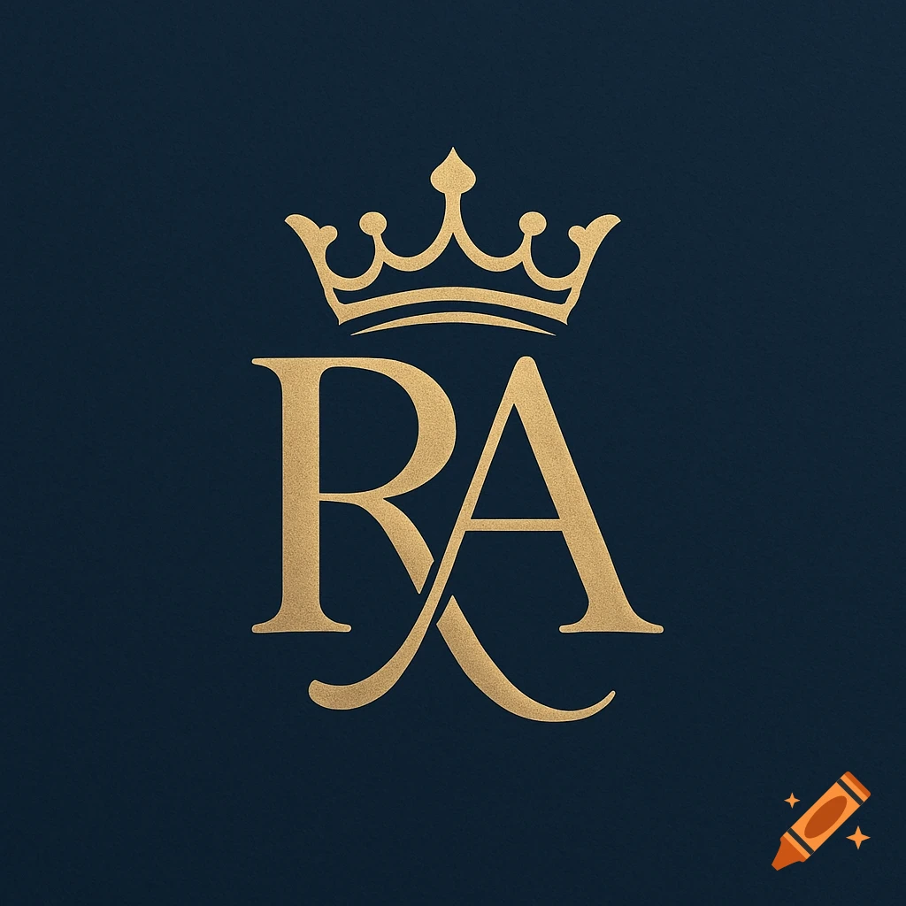 Golden monogram of intertwined R and A letters topped with a crown on a dark blue background.