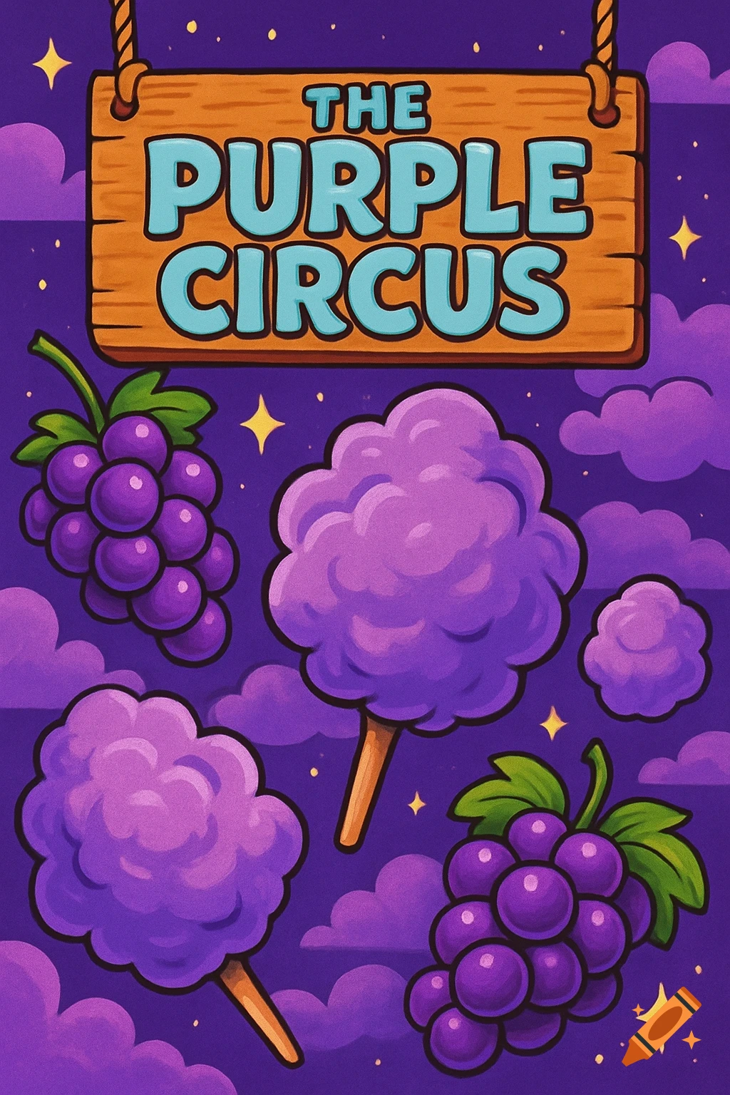 A fun cartoon poster featuring purple grapes, purple cotton candy, and purple clouds, with a sign reading "The Purple Circus".