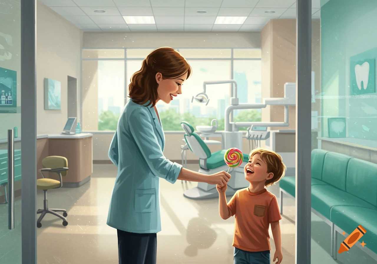 A smiling woman in a lab coat gives a colorful lollipop to a happy boy in a bright dentist's office.