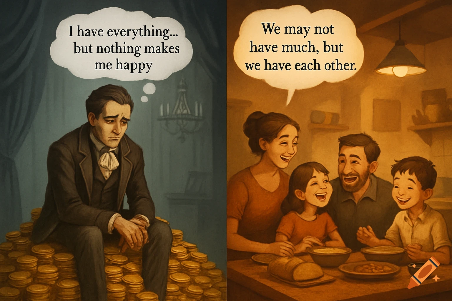 Illustration contrasting a sad rich man on gold with a happy family dining, with text reflecting their thoughts on happiness.