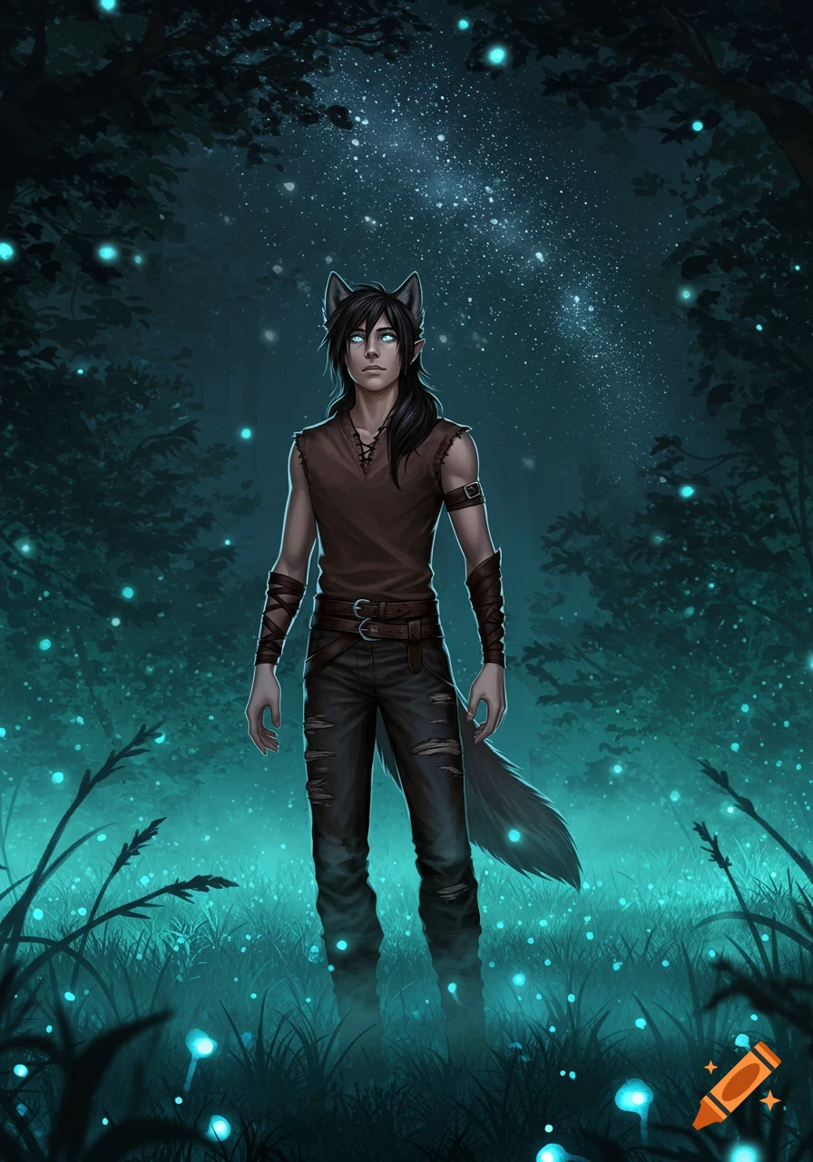 A long-haired wolf boy with glowing eyes stands in a magical forest at night, surrounded by bioluminescent plants.