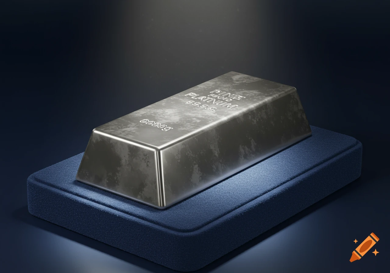 A photorealistic platinum bar with 'FINE PLATINUM 999.9' and '06869' engraved, resting on a blue velvet stand.