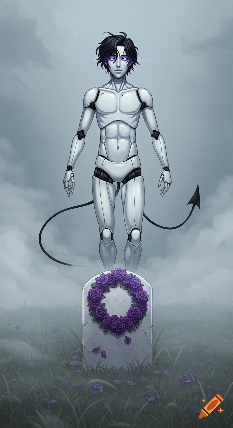 An anime-style robot man with black hair and purple glowing eyes floats above a tombstone with a wreath of purple roses in a misty field.
