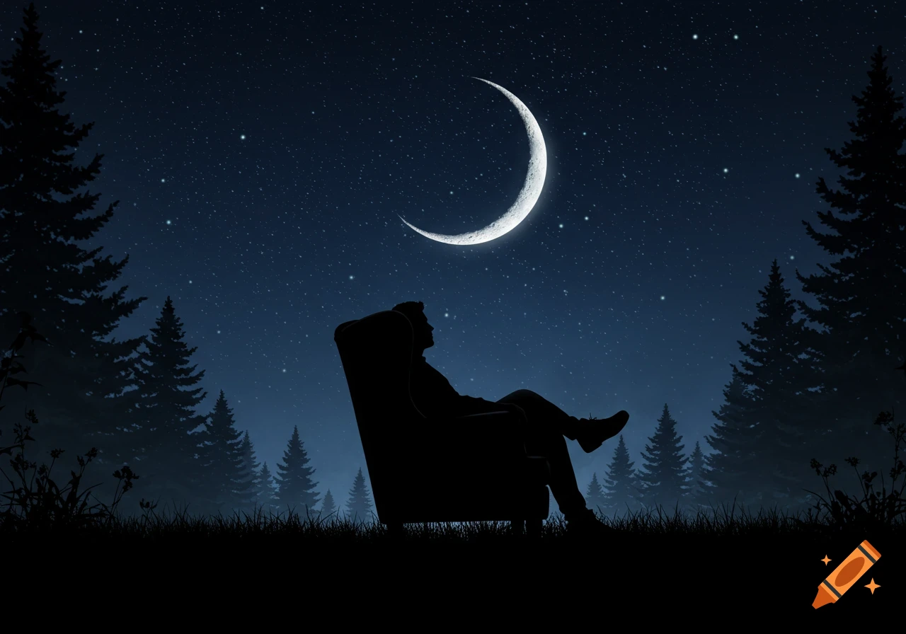 Silhouette of a person in an armchair admiring a crescent moon and starry night sky over a dark forest.