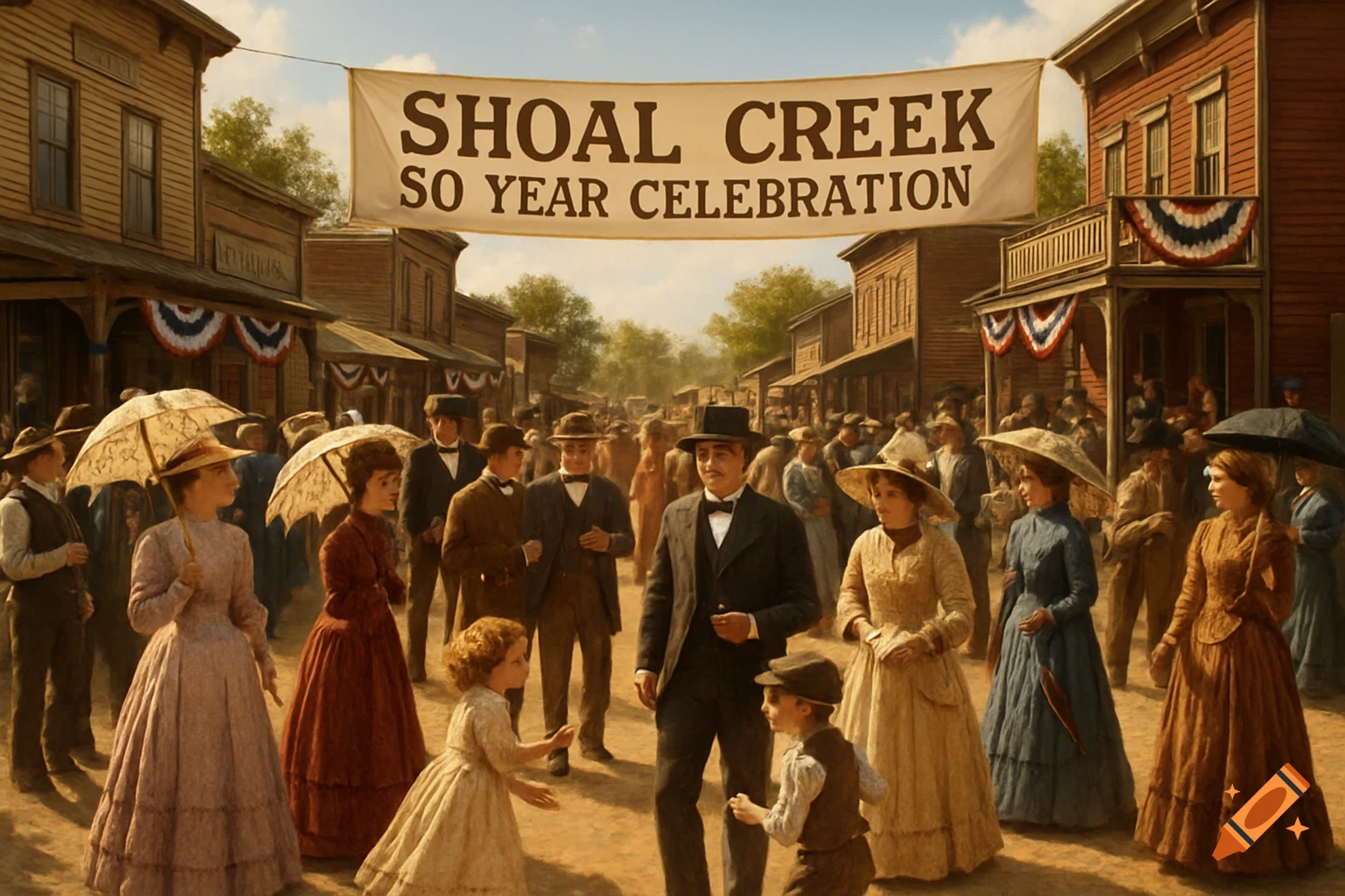 A crowded street in an old Western town with a 'Shoal Creek 50 Year Celebration' banner overhead and people in period clothing.