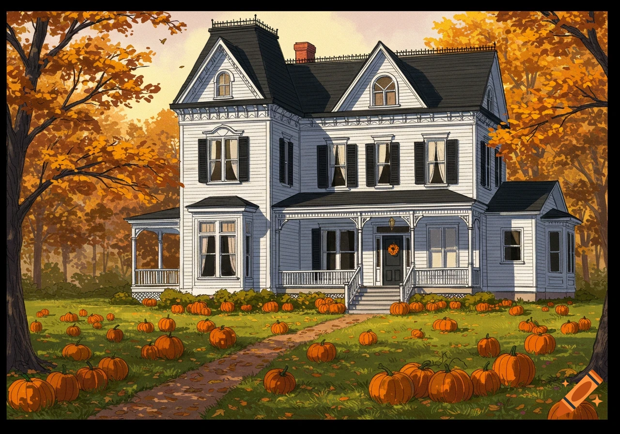 An illustrative image of a white Victorian house with black trim and shutters, surrounded by autumn trees and a lawn covered in orange pumpkins.