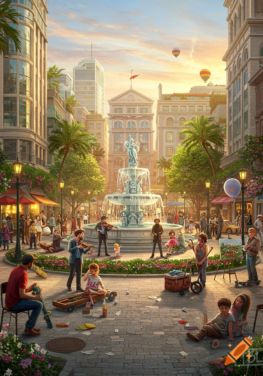 A bustling street scene with many people, a large fountain, and buildings under a colorful sky at sunset. Musicians play, children play, and artists paint on a cobbled plaza.
