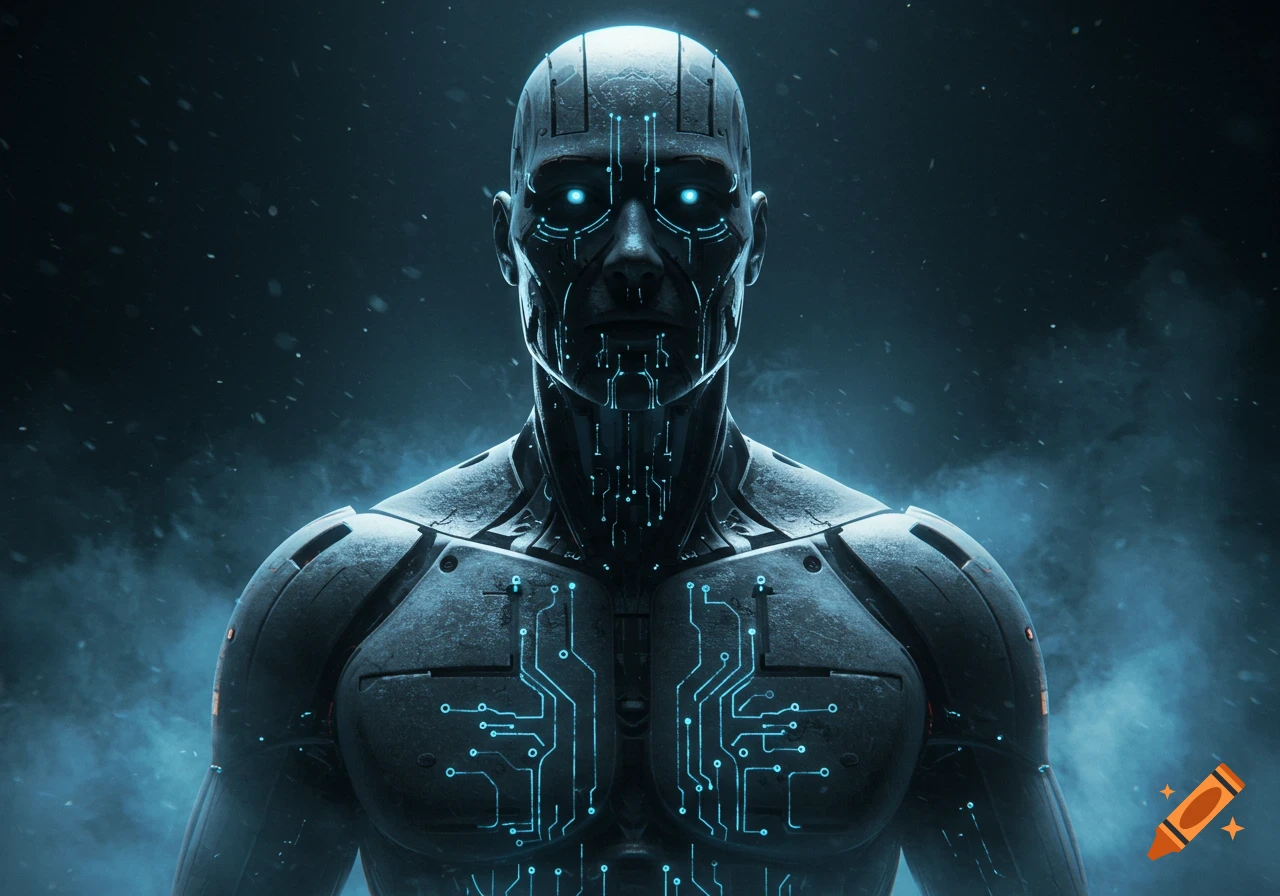 Close-up of a futuristic human-like robot with glowing blue eyes and circuitry on its dark, rugged body, against a smoky background.