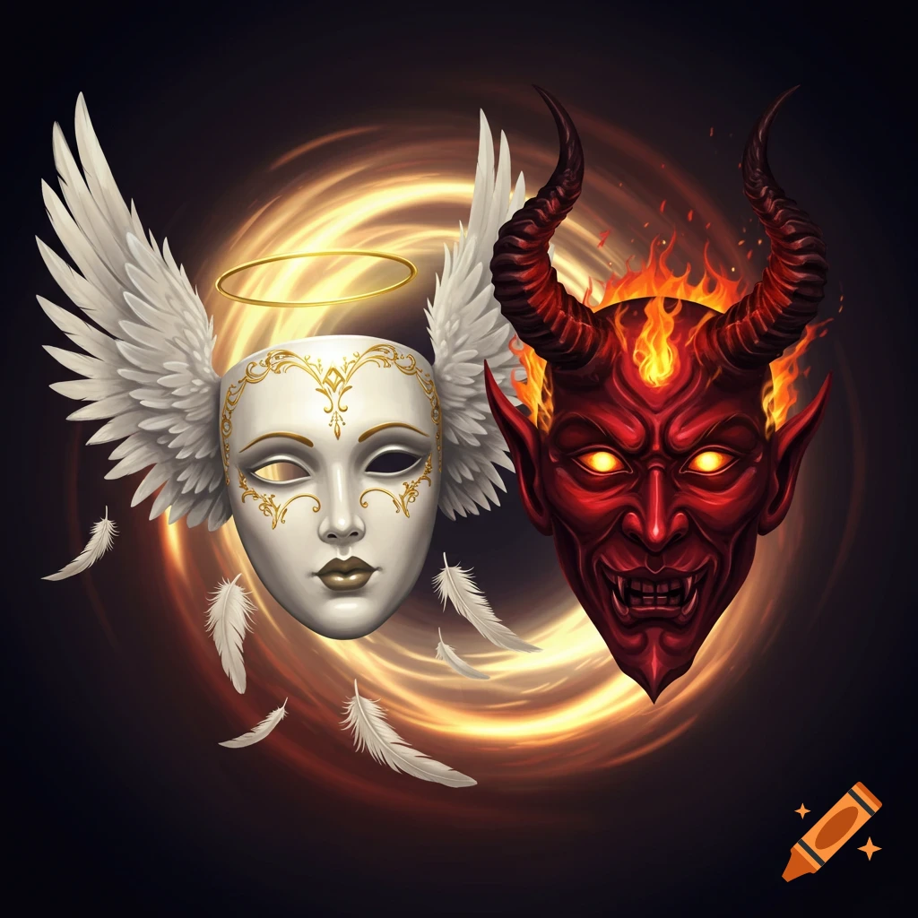 A symbolic image featuring a white angelic mask with wings and halo next to a red demonic mask with horns and fire.