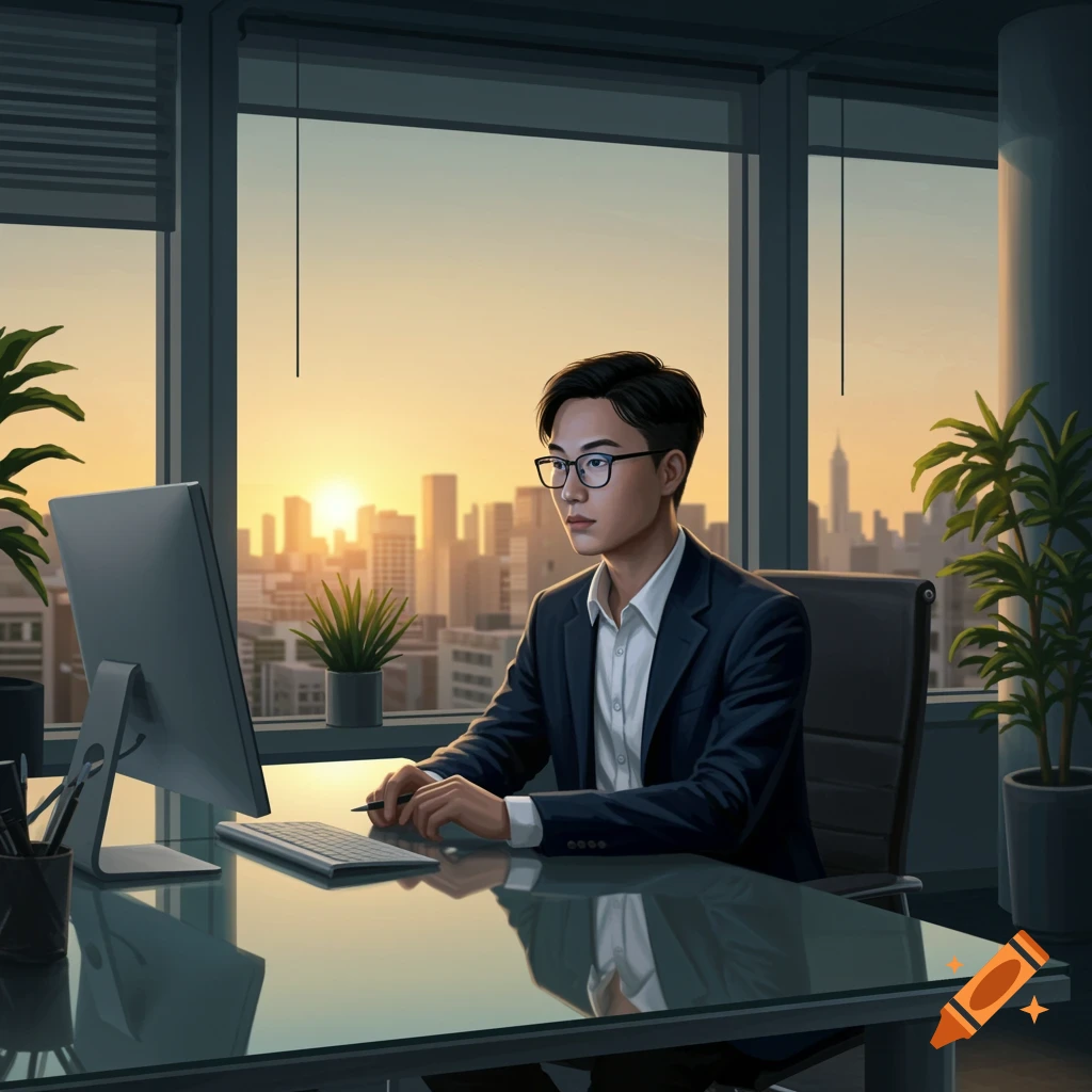 An Asian man in a suit works at a computer in a modern office overlooking a city skyline at sunset.