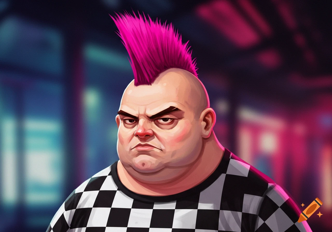 A grumpy, overweight bald man with a bright pink spiky mohawk wears a black and white checkered shirt, in a cartoon style.