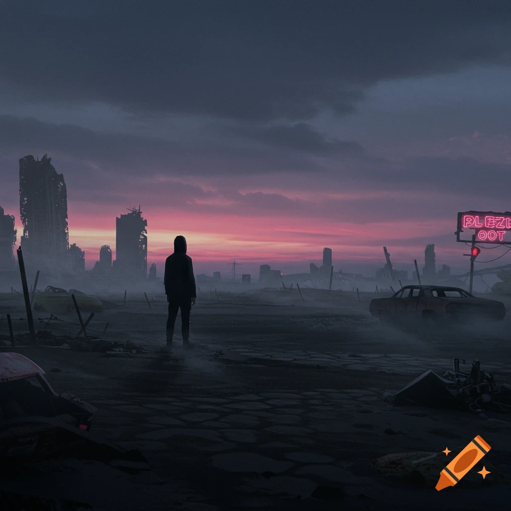 A lone figure stands in a desolate, ruined city under a vibrant pink and purple sunset, a neon sign glowing in the distance.
