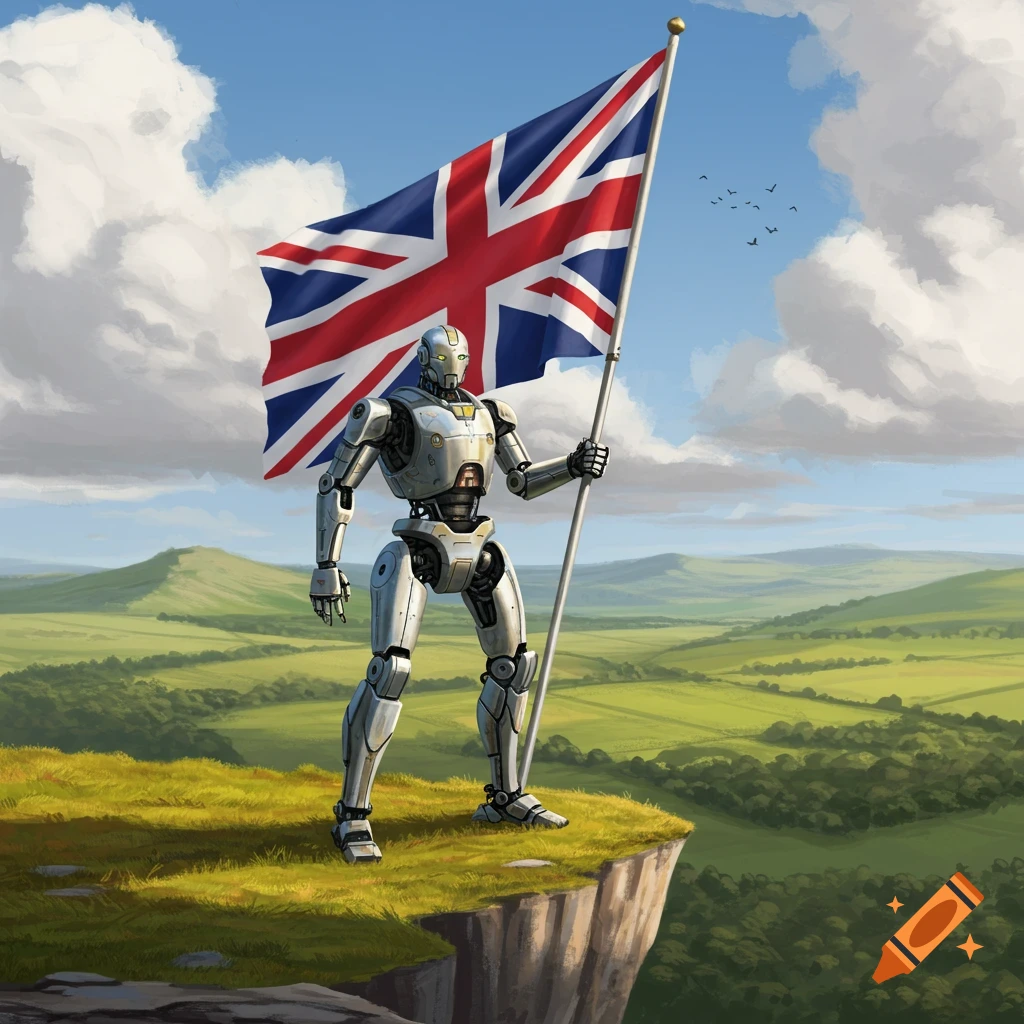 A silver robot stands on a grassy cliff, holding a large British Union Jack flag overlooking a green, rolling landscape.