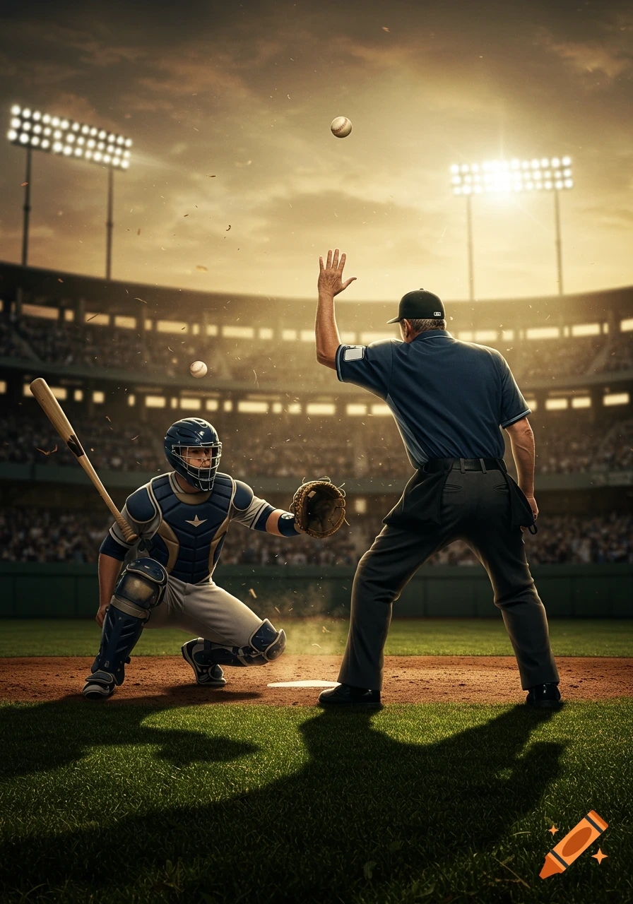 A baseball catcher in gear and an umpire on the field under stadium lights during a game, with baseballs in the air.