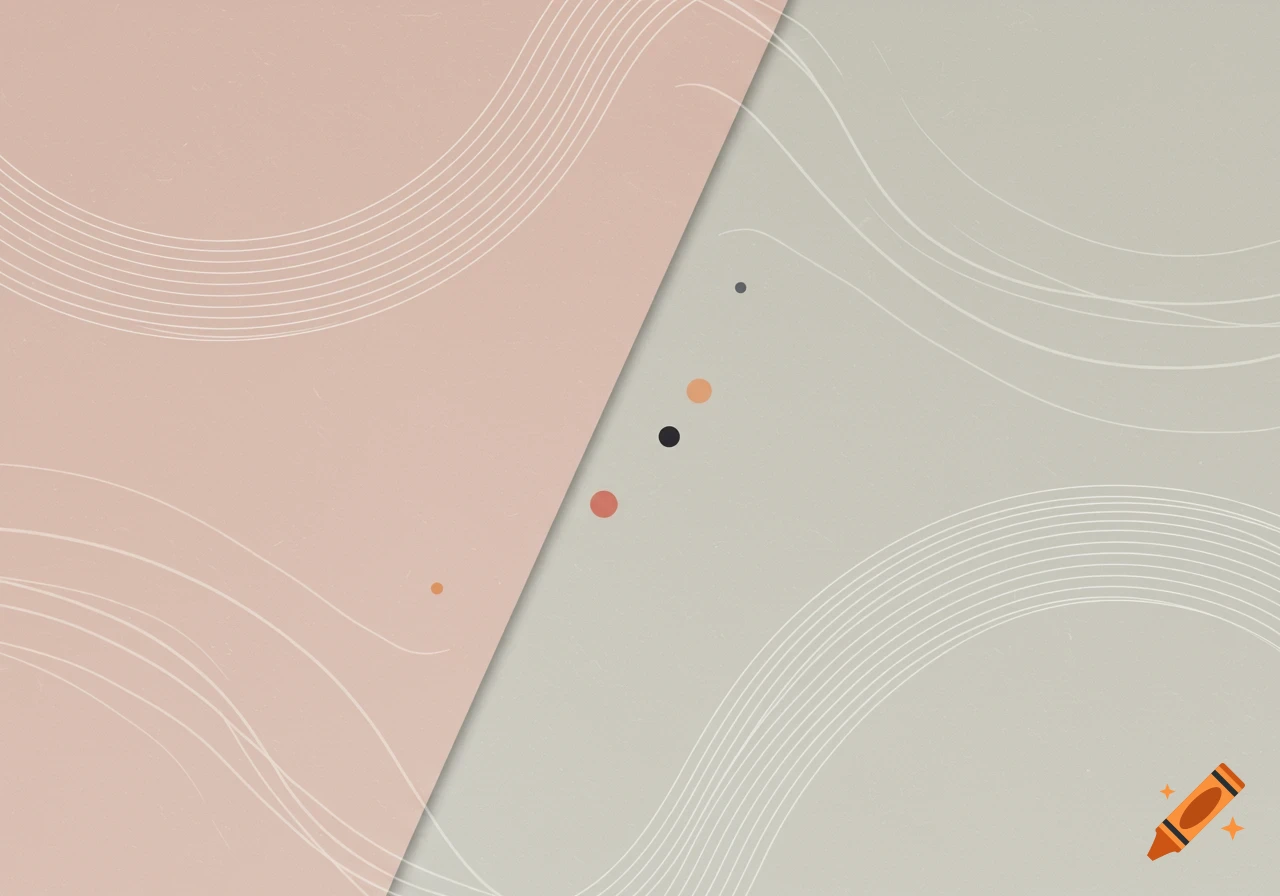 Abstract minimalist background split diagonally into a light pink and a light gray section, featuring white wavy lines and colorful dots.