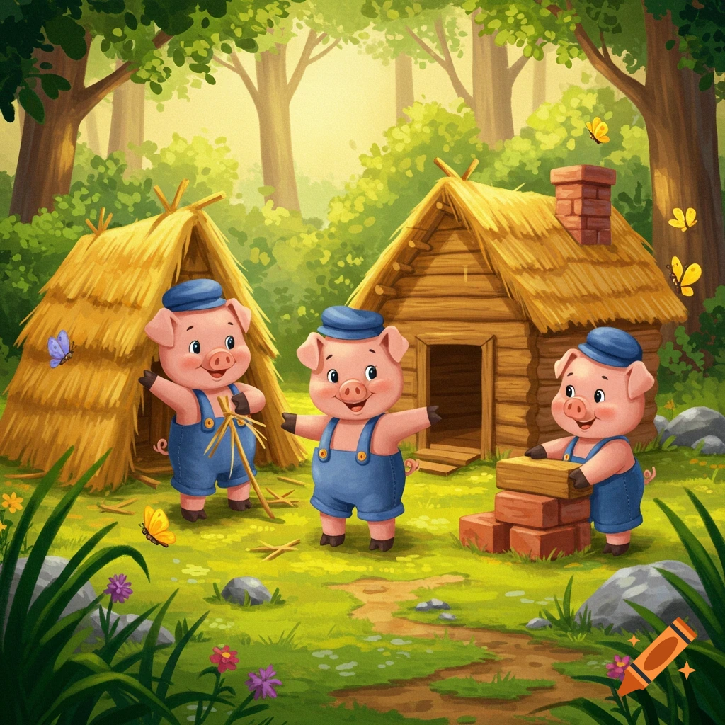A vibrant children's illustration shows three cartoon pigs in a forest, building a straw, wooden, and brick house, with butterflies fluttering around.