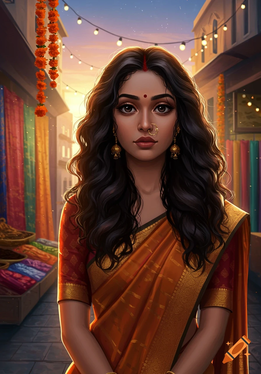 Digital art portrait of an Indian woman in an orange sari with jewelry, standing in a market street with festive lights at sunset.