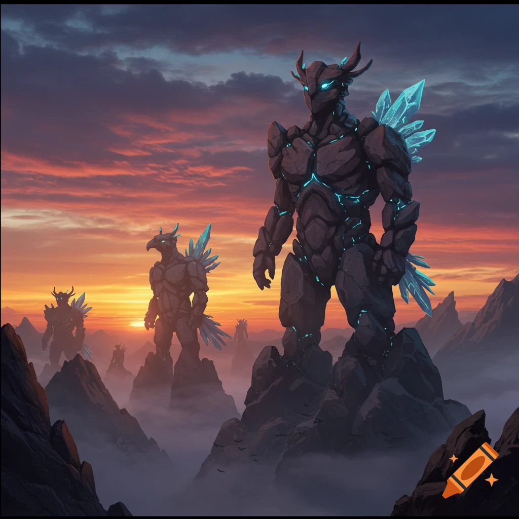 Large, rocky elemental giants with glowing blue crystals stand on mountain peaks at sunset in a misty, epic landscape.