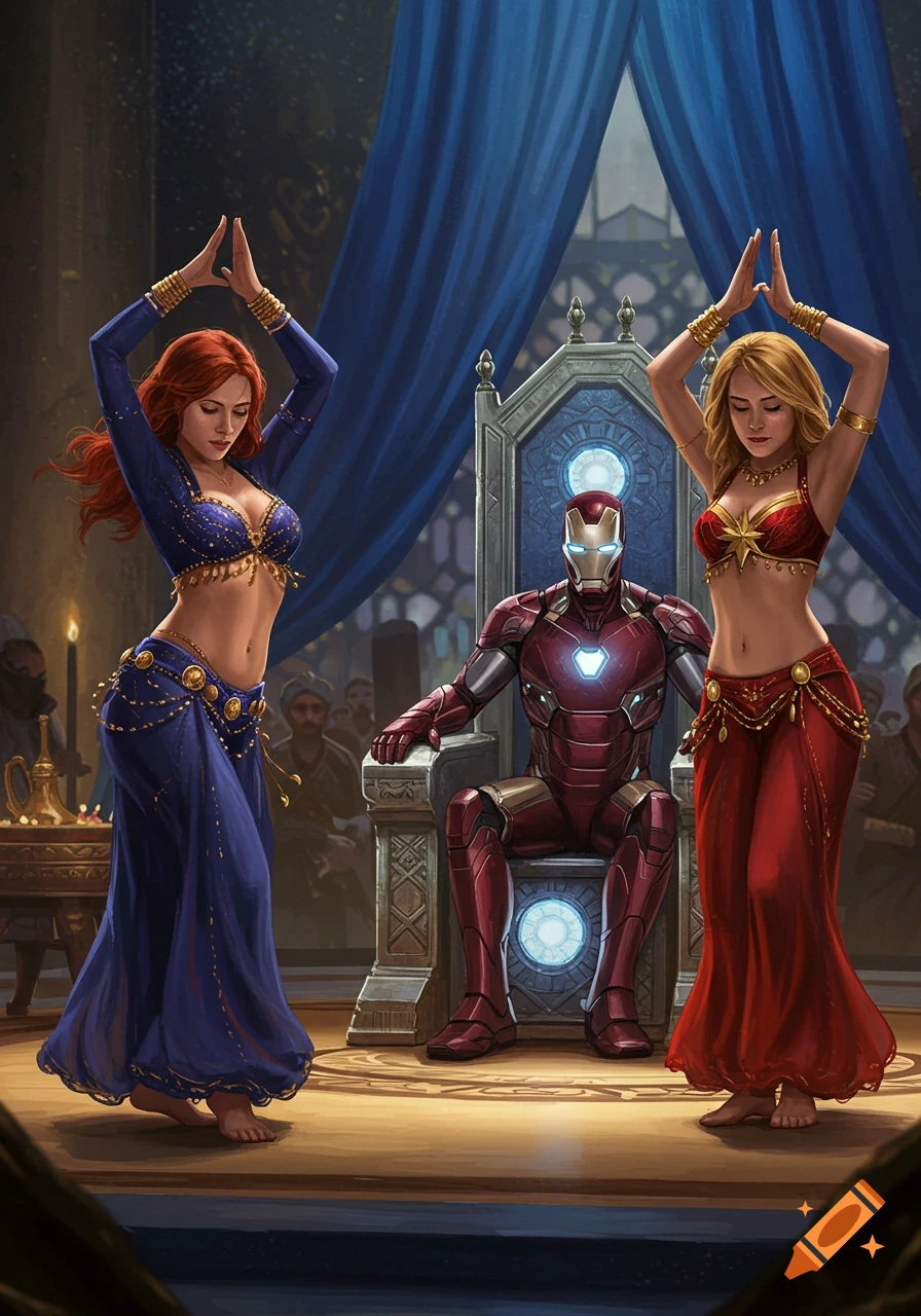 Black Widow and Captain Marvel belly dance in front of Iron Man on an ornate throne in a lavish room, digital art.