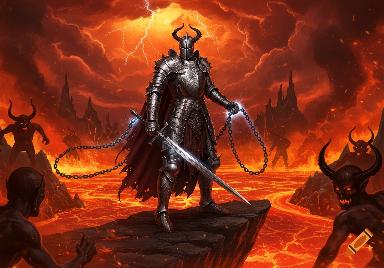 A horned knight in shining armor stands on a rock in a fiery hellscape, holding a sword and chains, surrounded by demons and lightning.