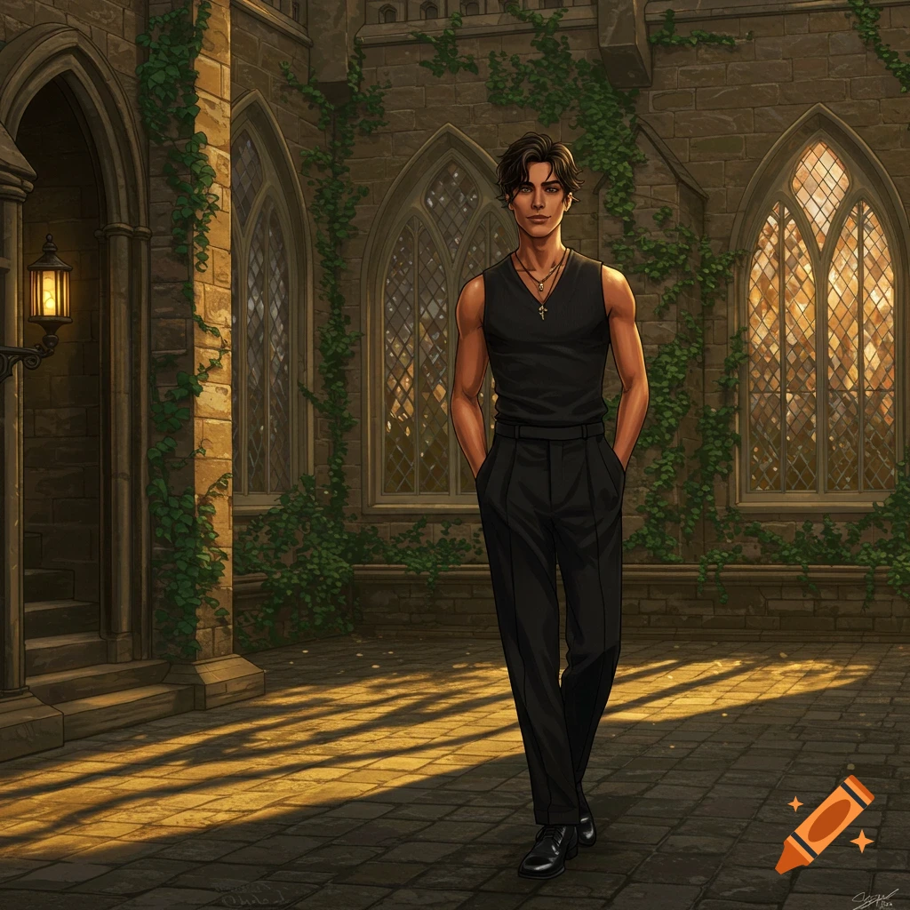 An illustrative drawing of a young man in a black tank top and pants standing in a sunlit gothic stone courtyard.