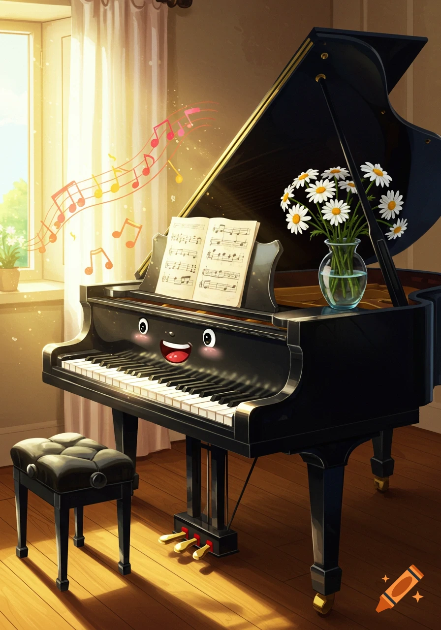 A cartoon grand piano with a smiling keyboard face, with colorful musical notes floating above it. A vase of daisies sits on the piano, next to sheet music.
