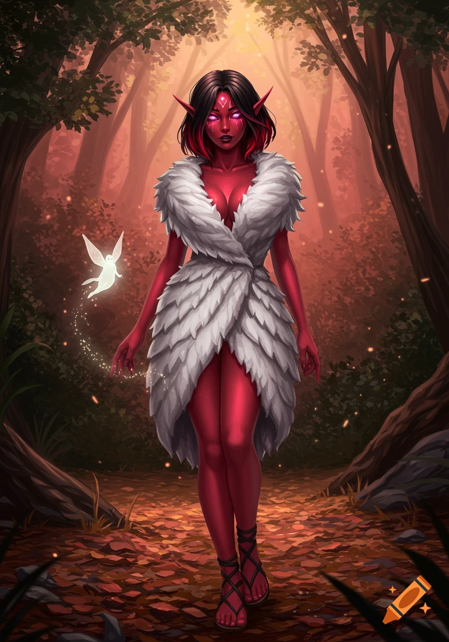 A red-skinned female elf with dark hair and glowing pink eyes, wearing a white feather dress and sandals, walks through a mystical forest with a small white sprite.