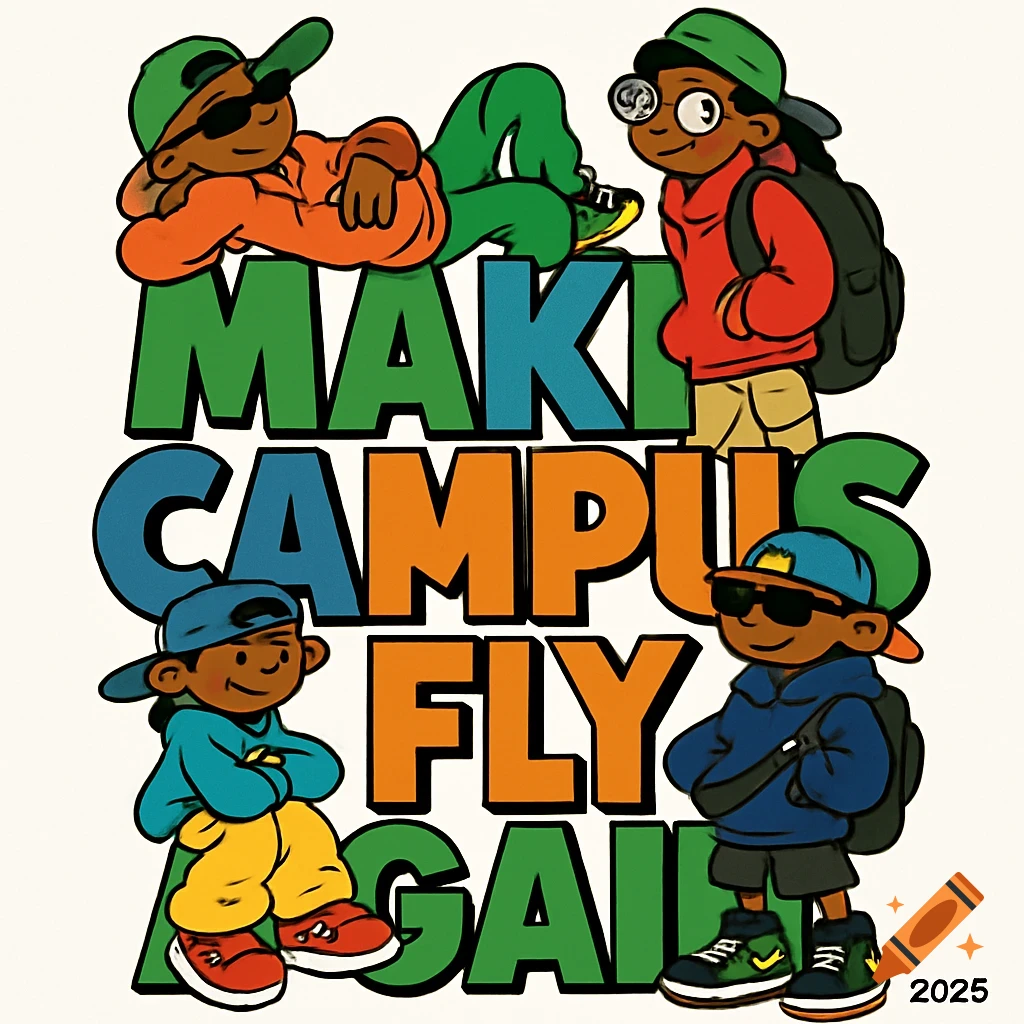 A vibrant cartoon poster features four Black children in streetwear, surrounding the bold text "MAKE CAMPUS FLY AGAIN." The year "2025" is in the corner.