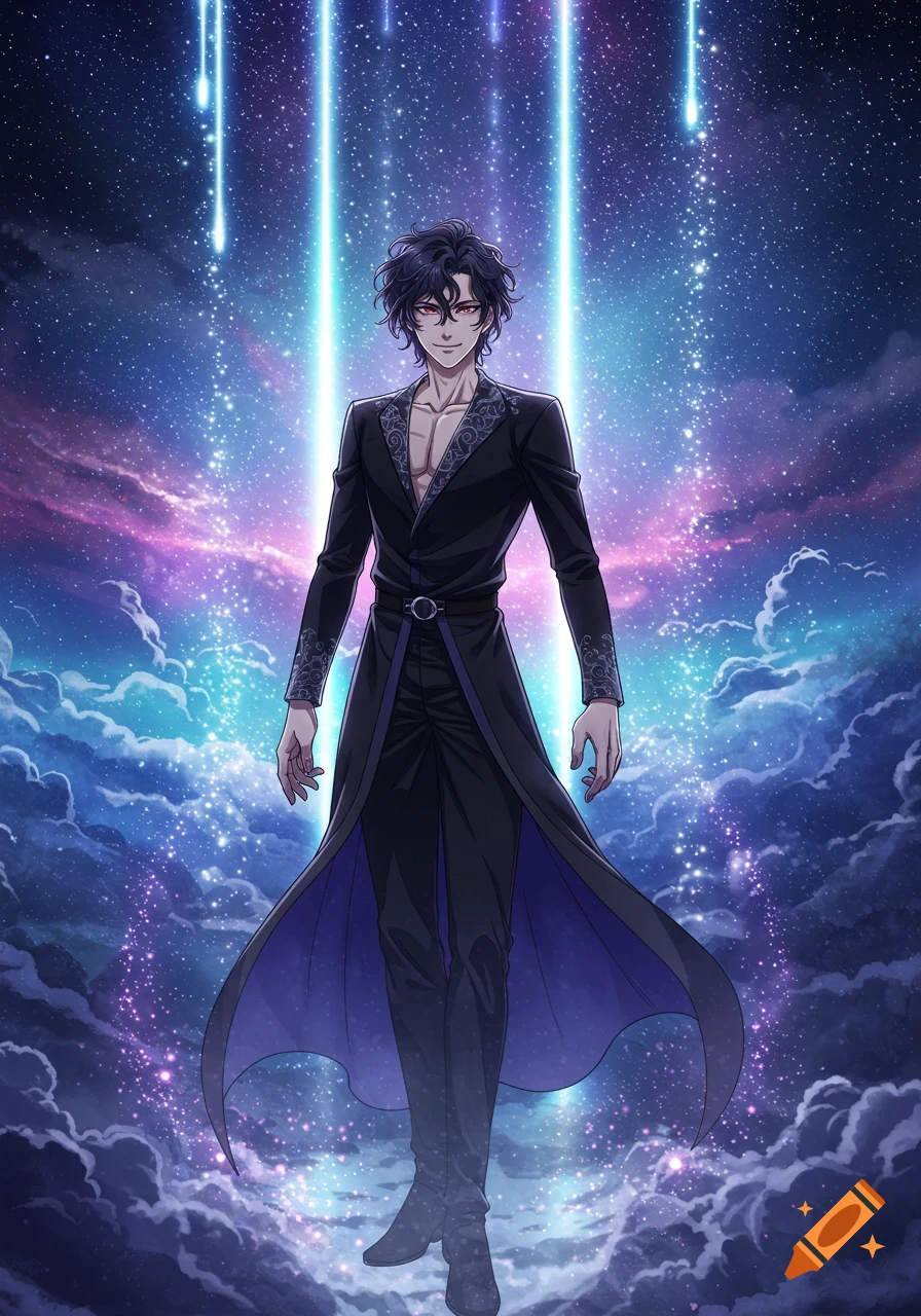 Anime man with dark wavy hair, red eyes, and a smug smirk in a black ornate coat, standing in a cosmic background with nebulae and light beams.
