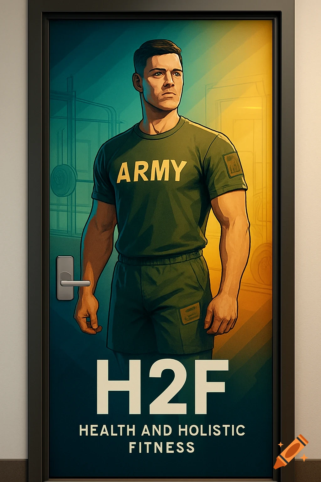 Stylized illustration of a muscular male soldier in an olive green ARMY t-shirt and shorts, standing in front of a door. Below him is "H2F HEALTH AND HOLISTIC FITNESS".