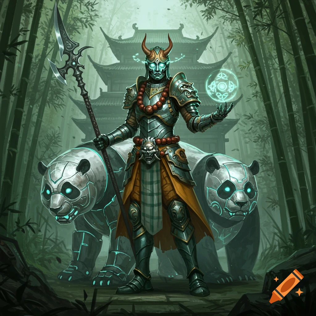 Armored knight with horns and glowing eyes, holding a spear and magic orb, stands between two glowing metal pandas in a bamboo forest with a temple.