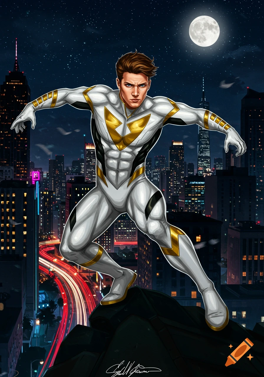 A young man in a white, black, and gold superhero costume poses heroically on a rock overlooking a city at night under a full moon.