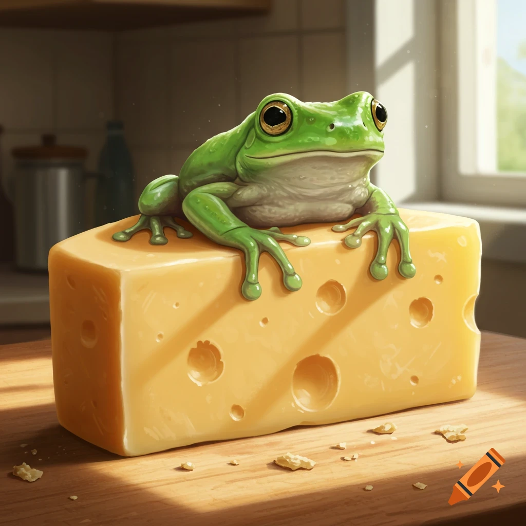 A realistic green frog sits on a large block of Swiss cheese on a wooden table, illuminated by sunlight.